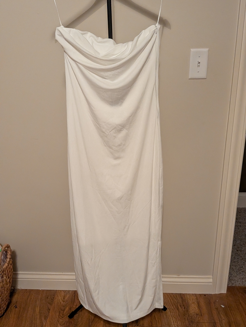 Strapless White Cowl Neck Maxi Dress